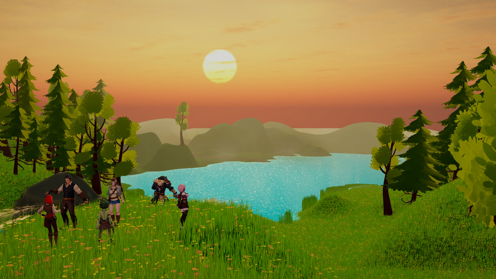 Sunset over the meadows, party approaching the lake