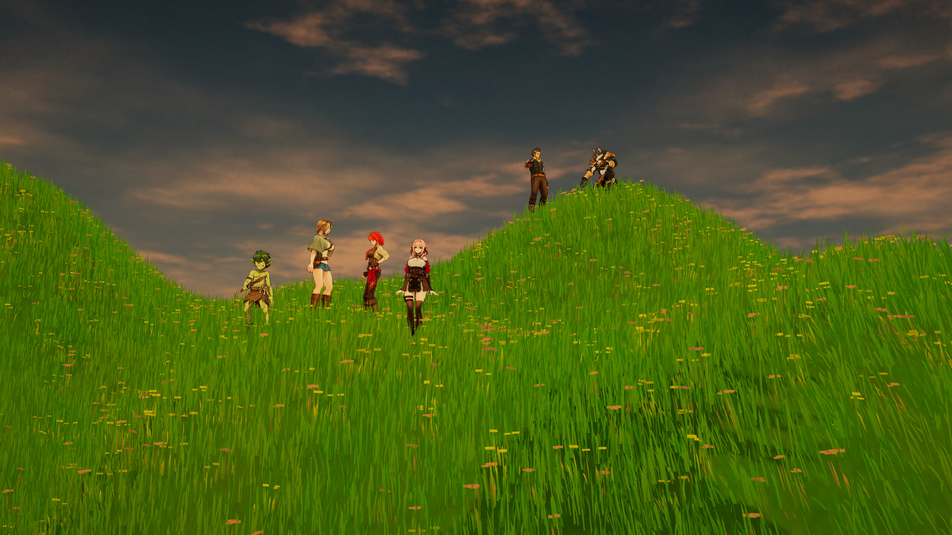 Strangers meet the party on a hilltop in windswept grass