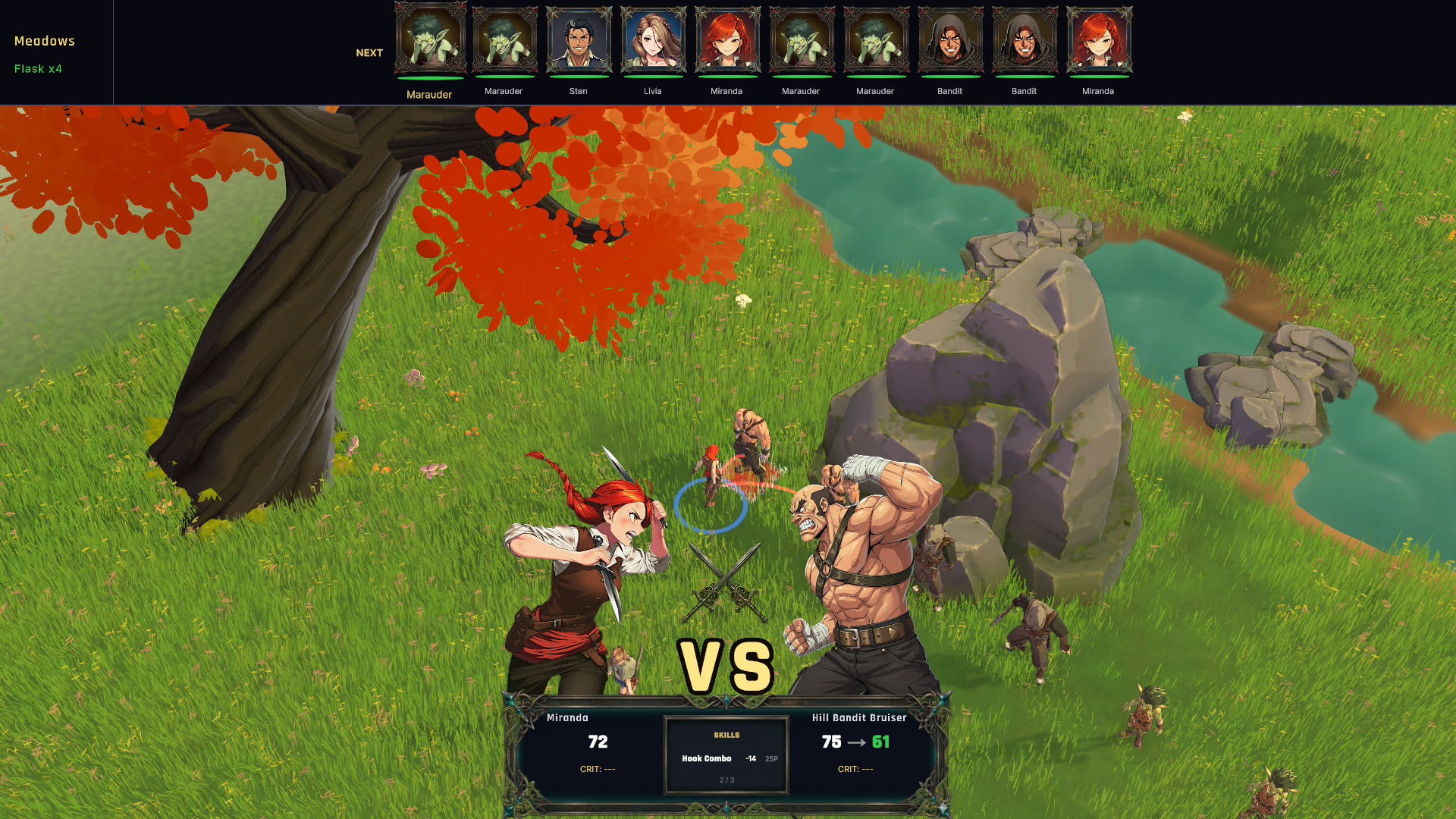 Combat encounter in the meadows: Miranda versus a hill bandit, VS splash