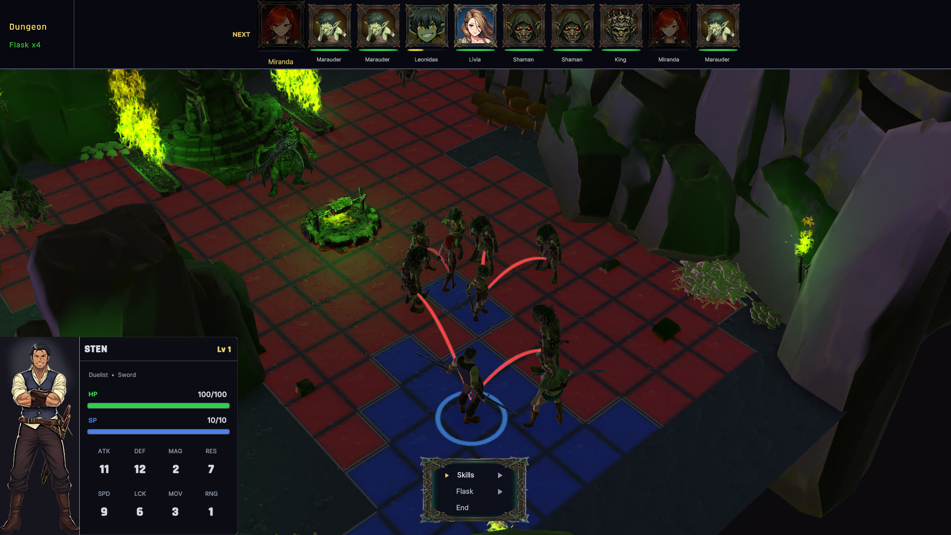Dungeon battle with movement and threat forecast lines visible