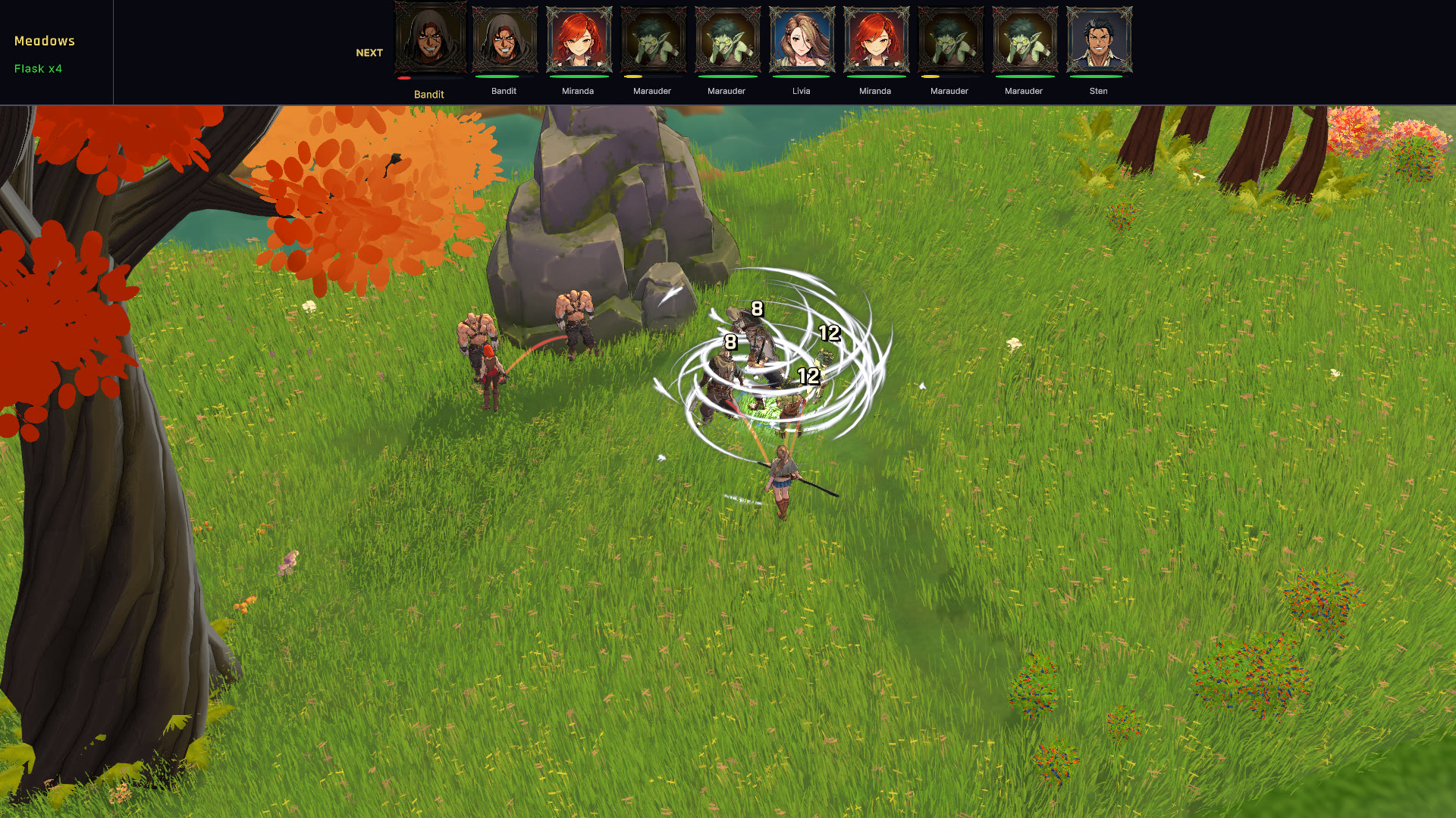 Sten whirlwind AOE swirling in an autumn meadow, multiple hits